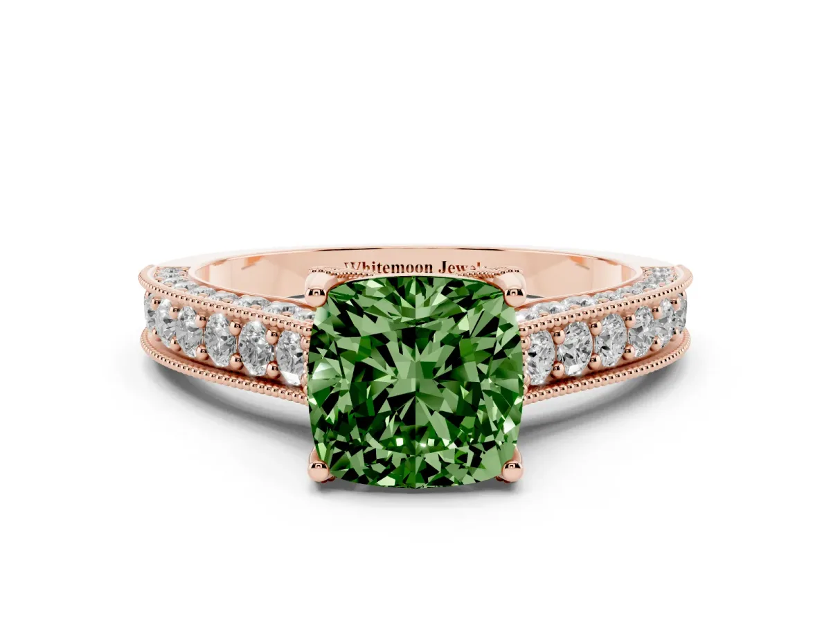 Fancy Green Cushion Cut Cut Diamond Solitaire Ring with Milgrain Pave Band and Four Prong Setting Rose gold