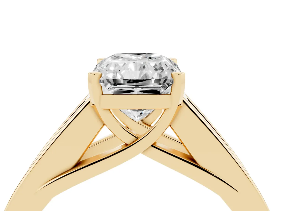 Radiant Cut Cut Channel Set Solitaire Ring with Four-Prong Setting Yellow gold