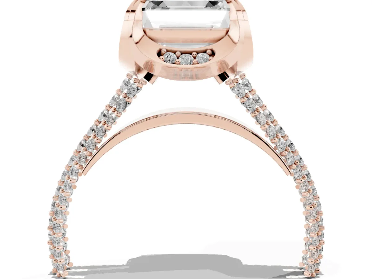 Asscher Cut Solitaire Pave Split Shank Ring with Four-Prong Setting Rose gold