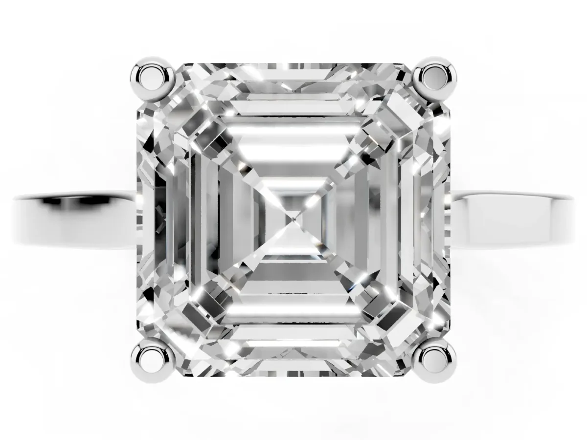 Asscher Cut Solitaire Diamond Ring with Four-Prong Setting and Tapered Band White gold