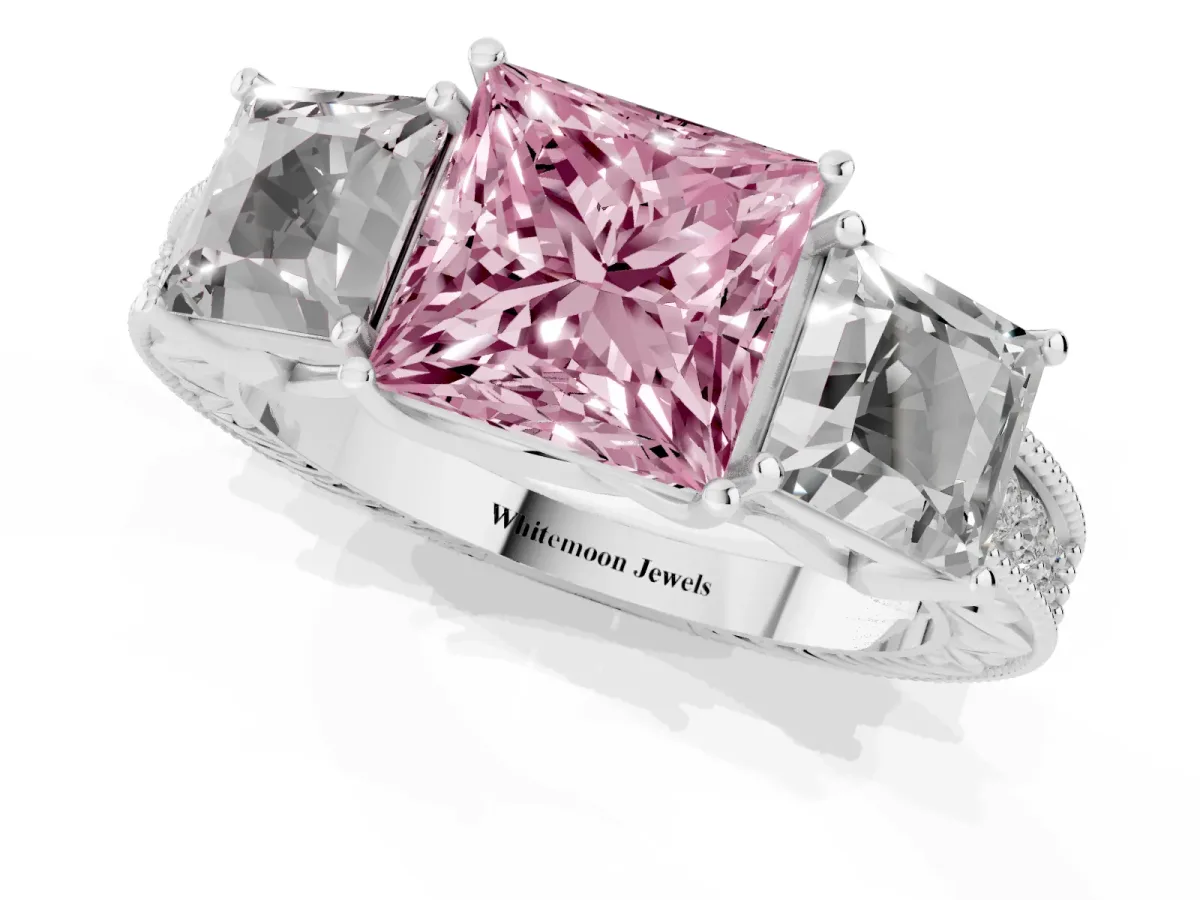 Fancy Pink Three-Stone Princess Cut Cut Milgrain Pavé Engagement Ring Platinum