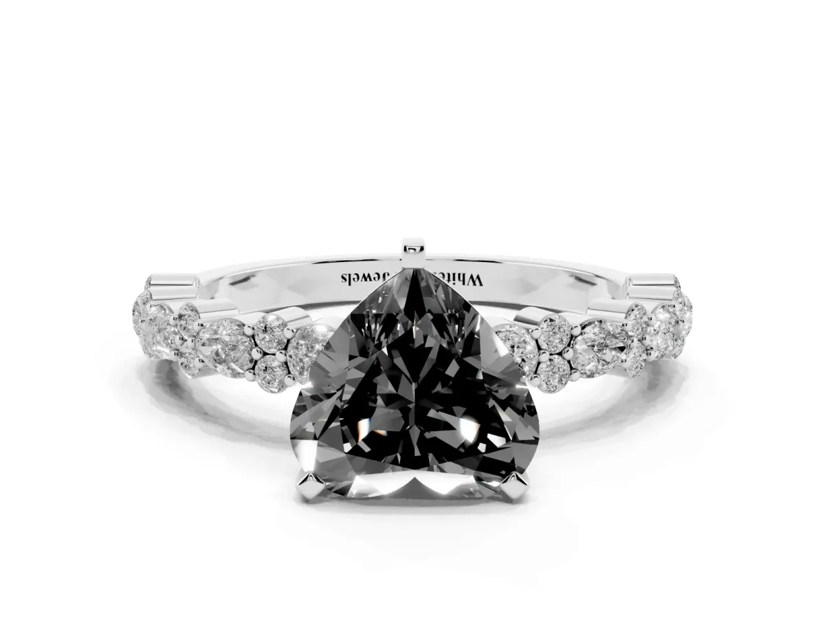 Fancy Black Heart Cut Diamond Side Stone Solitaire Ring with Round and Four-Prong Setting Platinum
