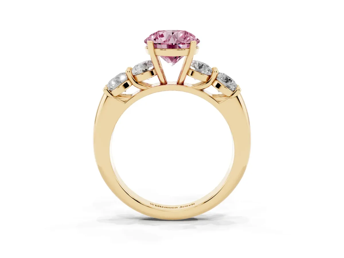 Fancy Pink Round Cut Cut Five-Stone Prong Set Diamond Ring with Classic Band Yellow gold