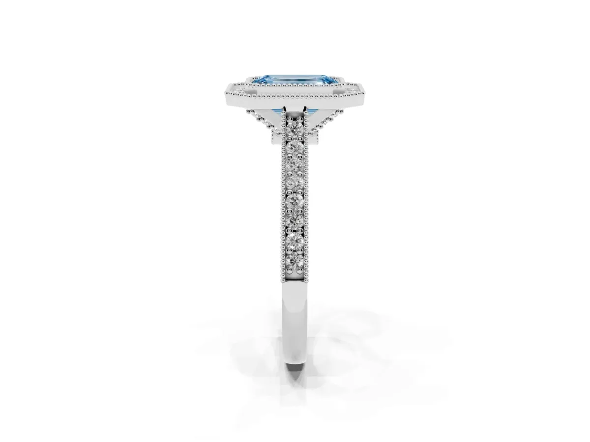 Fancy Blue Halo Emerald Cut-Cut Diamond Pave Band Milgrain Prong Setting Ring Silver