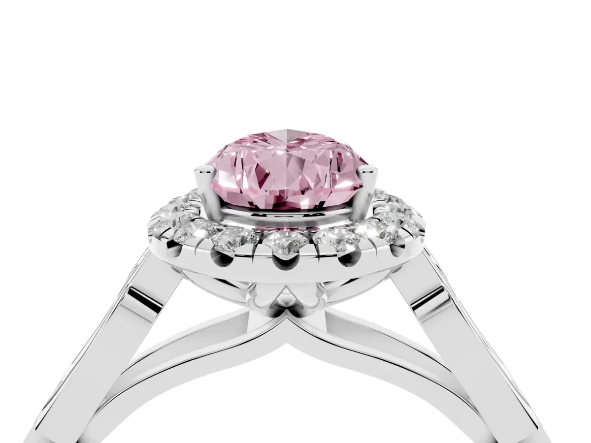 Fancy Pink Pear Cut Halo Diamond Engagement Ring with Filigree Band and Four-Prong Setting Platinum