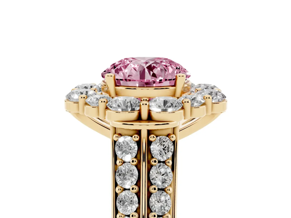 Fancy Pink Round Cut Halo Diamond Engagement Ring with Split Shank and Prong Setting Yellow gold