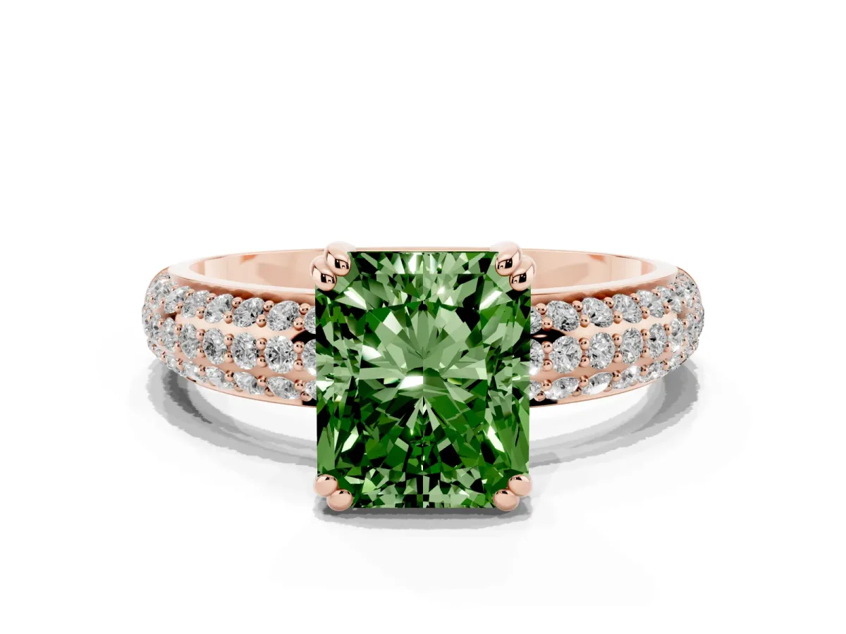Fancy Green Radiant Cut Diamond Solitaire Ring with Multi-Row Round Pavé Band and Prong Setting Rose gold