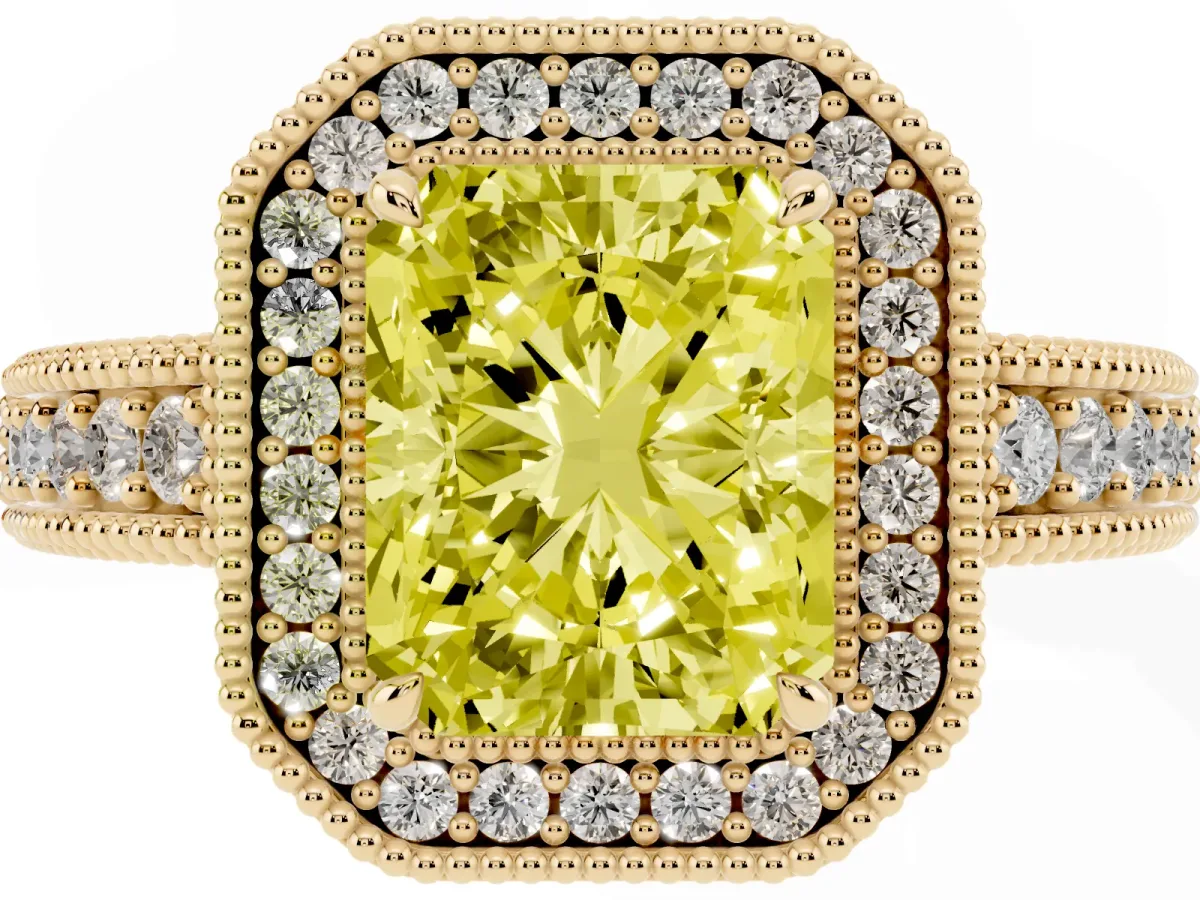 Fancy Yellow Radiant Cut Cut Halo Diamond Ring with Pavé Band and Four-Prong Setting Yellow gold
