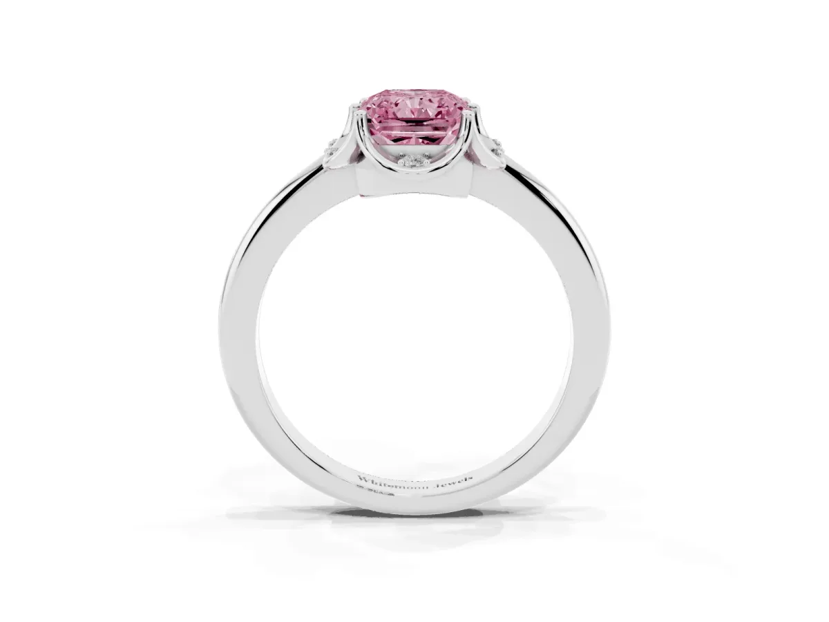 Fancy Pink Radiant Cut Halo Diamond Ring with Round Cluster Setting, Solitaire Band, and Four-Prong Setting White gold