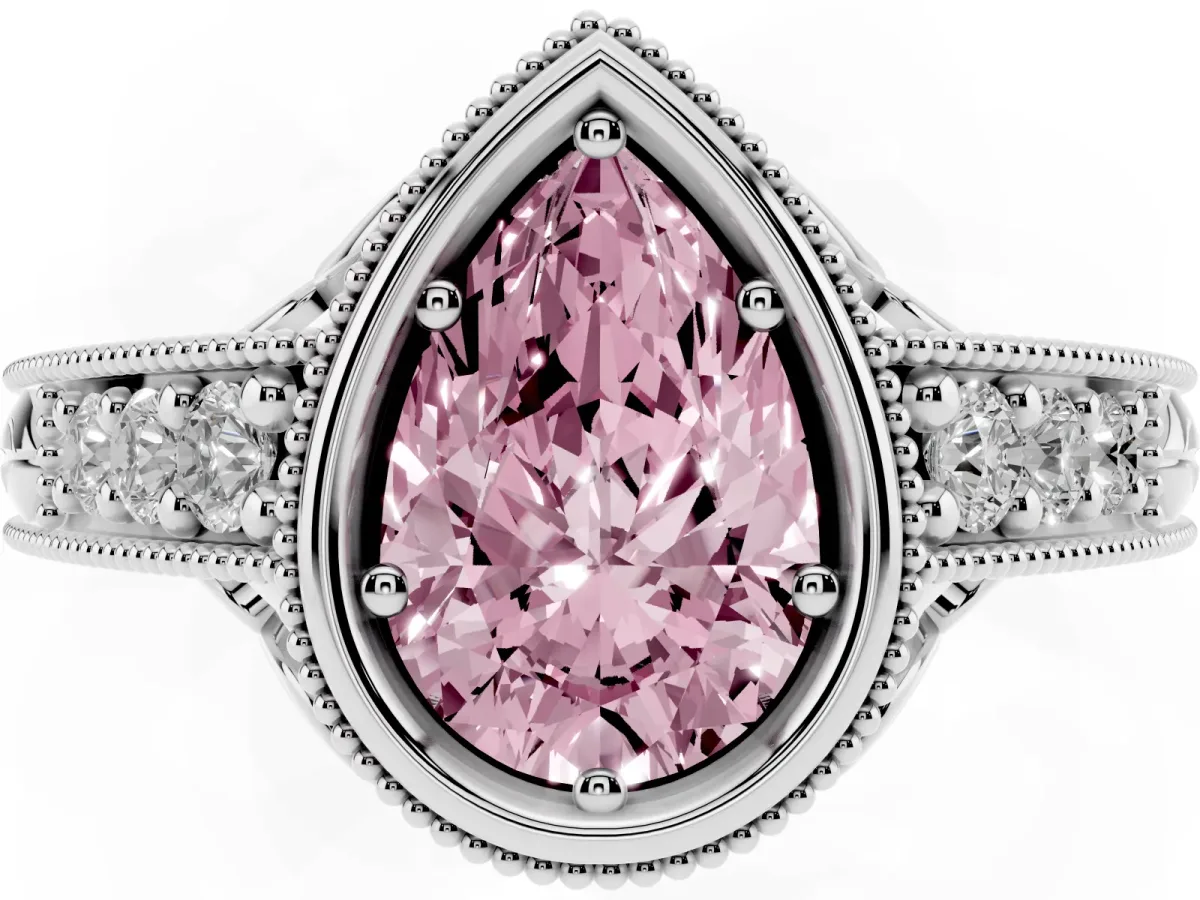 Fancy Pink Bezel Set Pear Cut Diamond Milgrain Pave Engagement Ring Platinum