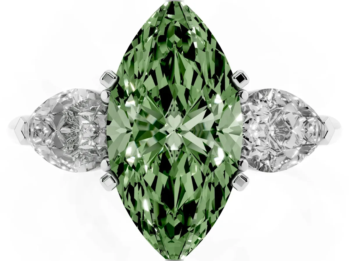 Fancy Green Three-Stone Marquise Cut Diamond Ring with Pear Side Stones and Four-Prong Setting Silver