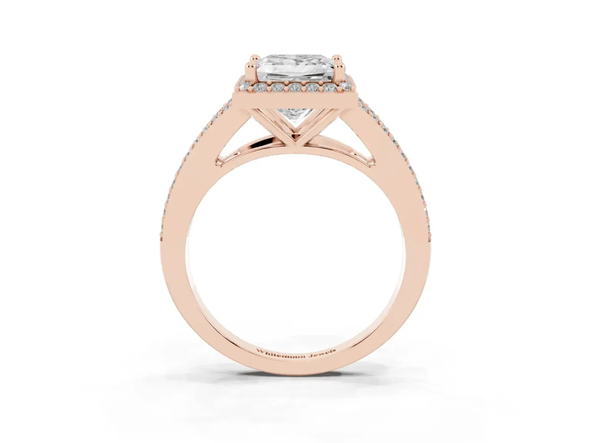 Princess Cut Halo Split Shank Pave Diamond Ring with Four-Prong Setting Rose gold