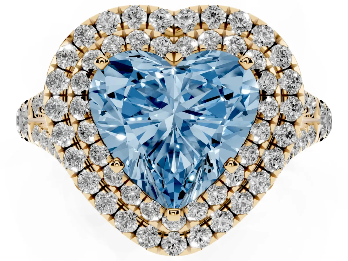 Fancy Blue Heart Cut Cut Double Halo Split Shank Diamond Ring with Prong Setting Yellow gold