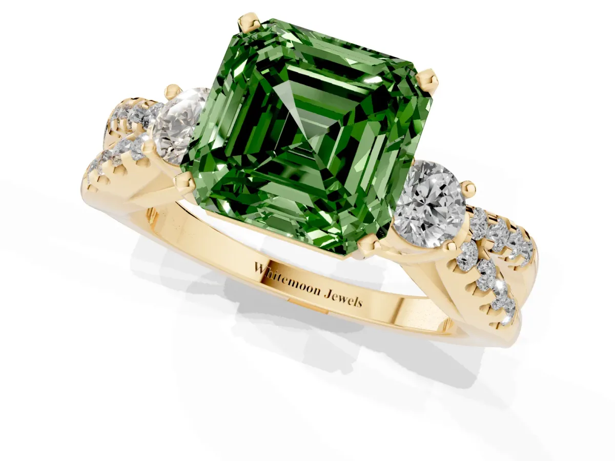 Fancy Green Asscher Cut Diamond Three-Stone Ring with Pavé Split Shank and Four-Prong Setting Yellow gold