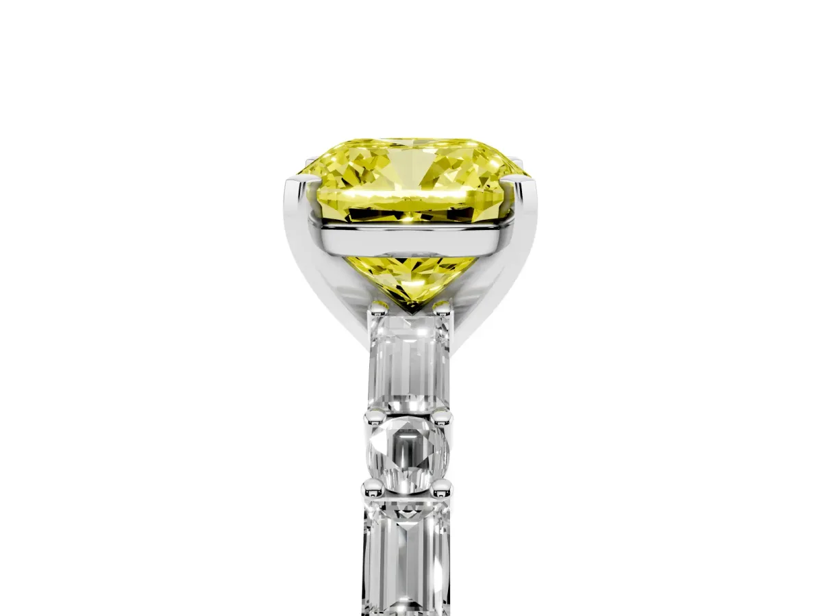 Fancy Yellow Cushion Cut Diamond Solitaire with Side Baguettes and Channel Set Band White gold