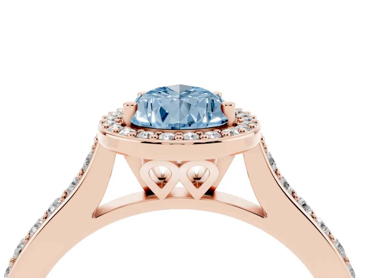 Fancy Blue Pear Cut Diamond Halo Engagement Ring with Round Pavé Shoulders and Prong Setting Rose gold