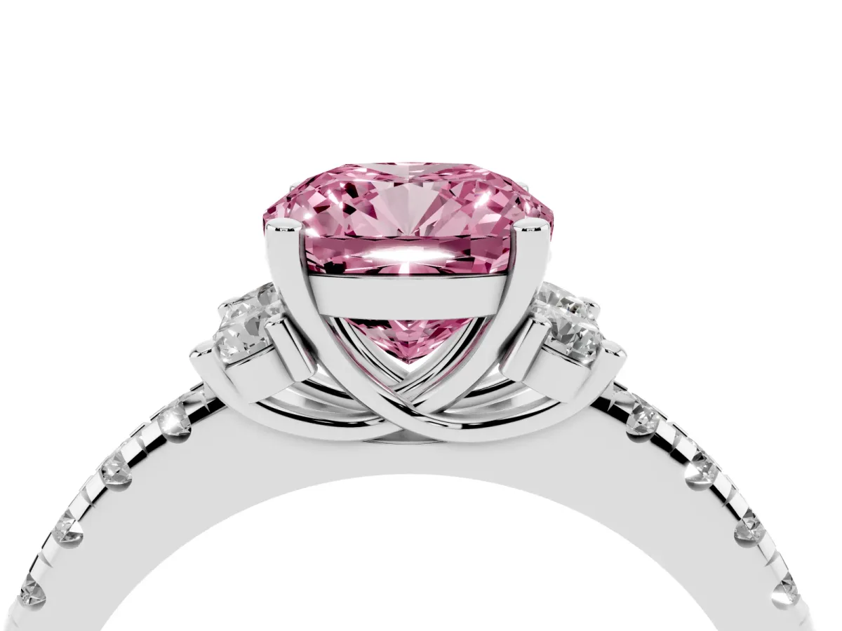 Fancy Pink Cushion Cut Diamond Three-Stone Pave Band with Four-Prong Setting Silver