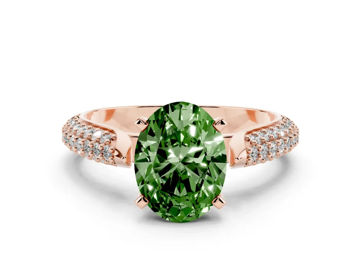 Fancy Green Oval Cut Diamond Solitaire Engagement Ring with Multi-Row Round Pavé Band and Prong Setting Rose gold