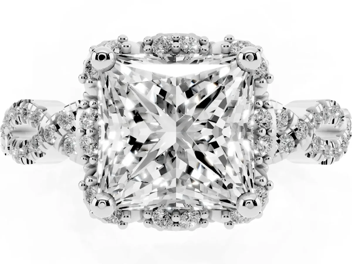 Princess Cut Halo Twist Band Solitaire Ring with Six-Prong Setting Silver