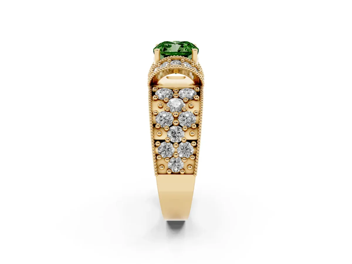 Fancy Green Cushion Cut Halo Pave Diamond Engagement Ring with Milgrain Detailing Yellow gold