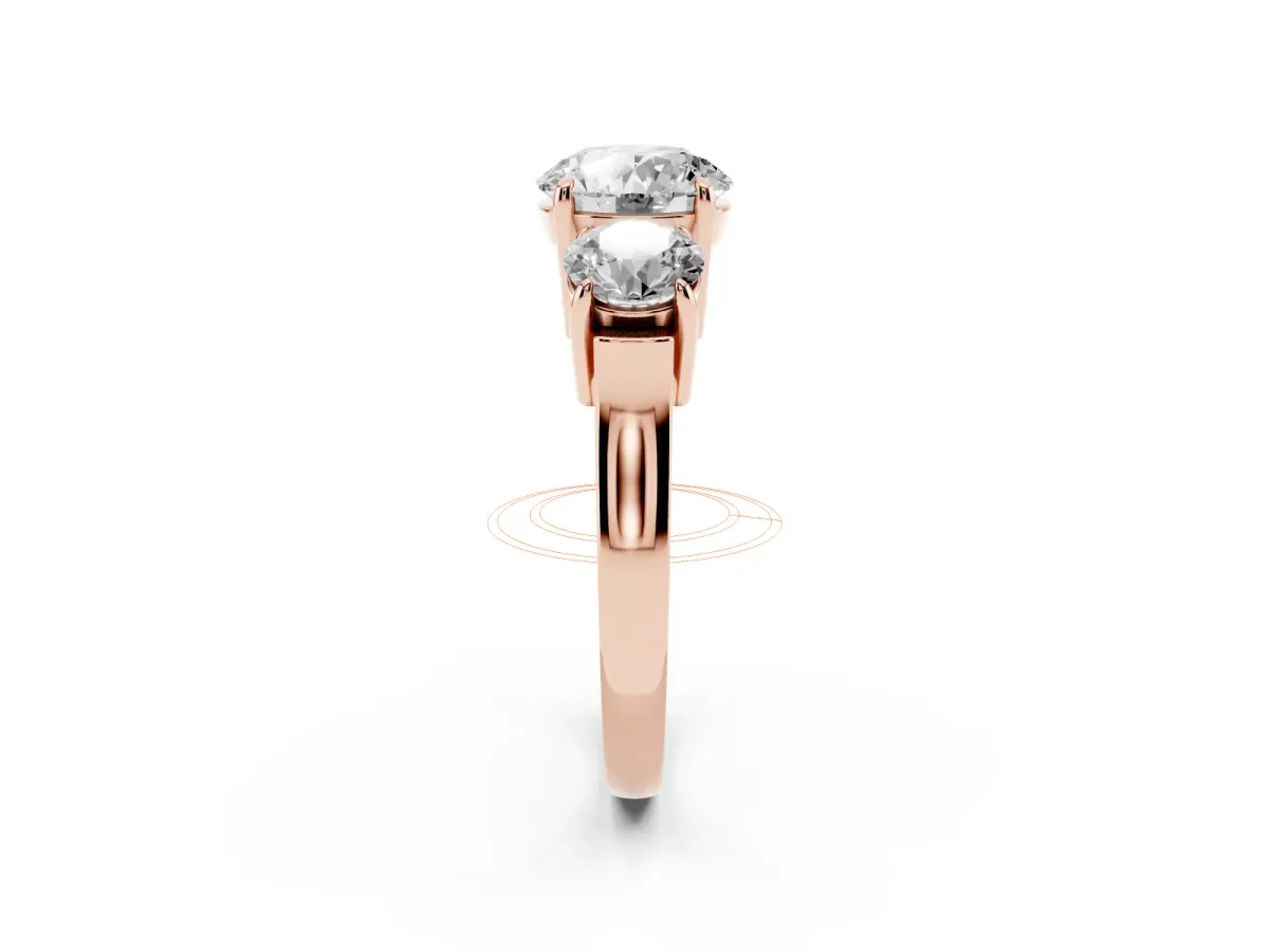 Three-Stone Round Cut Cut Diamond Ring with Round Accent Stones, Prong Setting, and Classic Band Rose gold