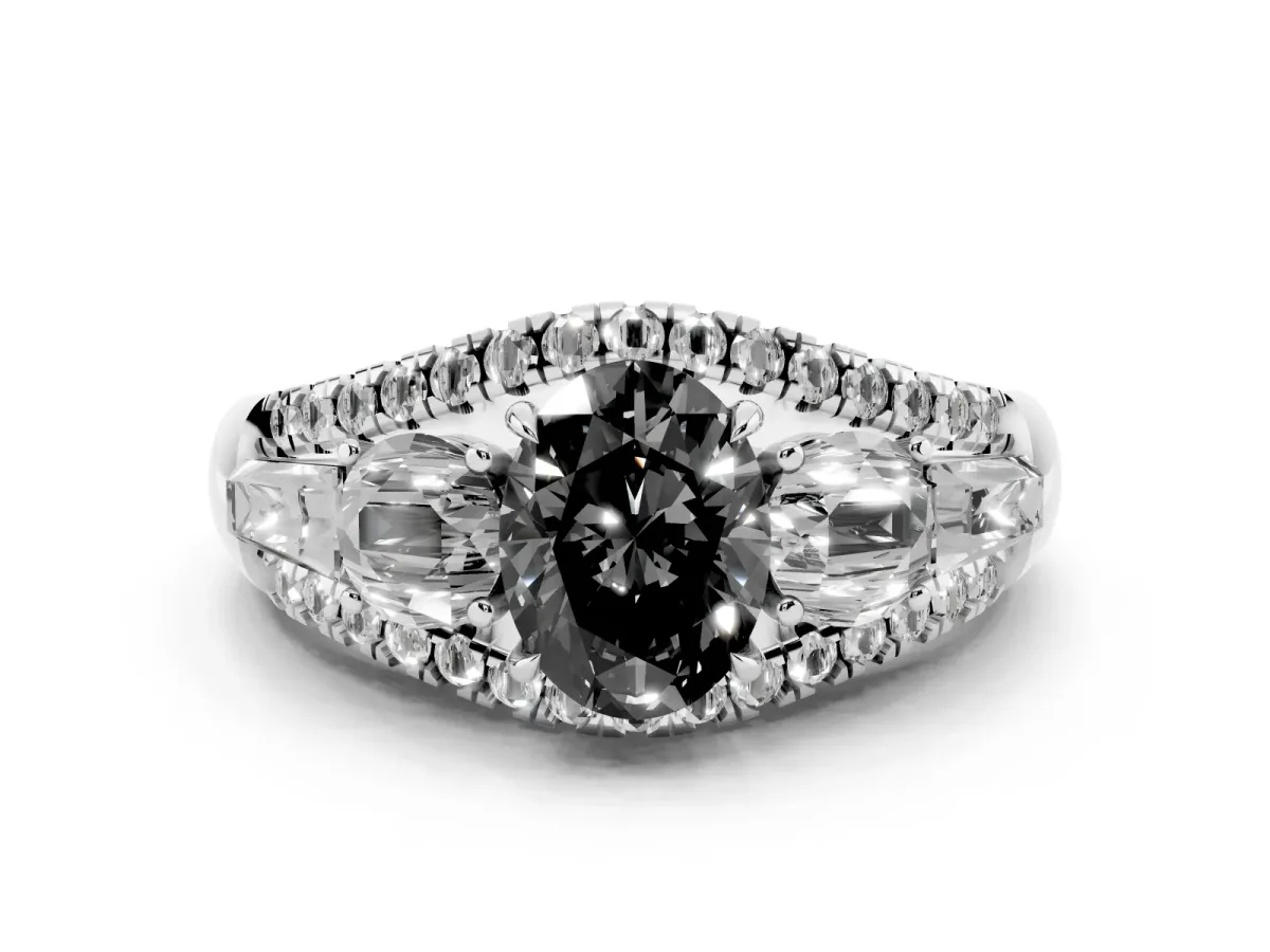 Fancy Black Three-Stone Oval Cut Diamond Engagement Ring with Pave Band and Prong Setting Silver