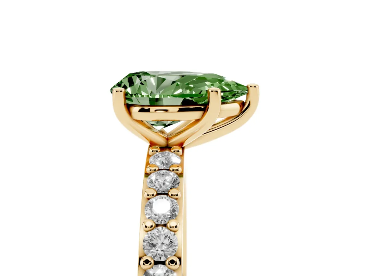 Fancy Green Pear Cut Cut Diamond Solitaire with Pave Band and Four-Prong Setting Yellow gold