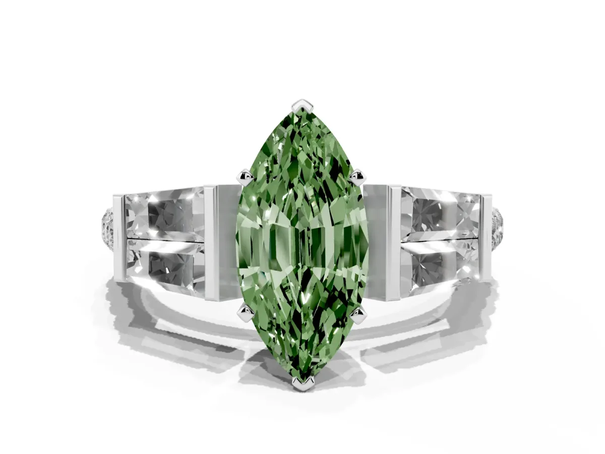 Fancy Green Marquise Cut Diamond Engagement Ring with Baguette Side Stones and Channel Set Band Silver