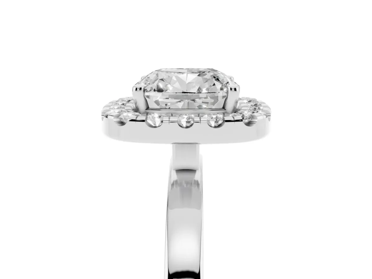 Cushion Cut Halo Diamond Solitaire with Pavé Band and Four-Prong Setting White gold