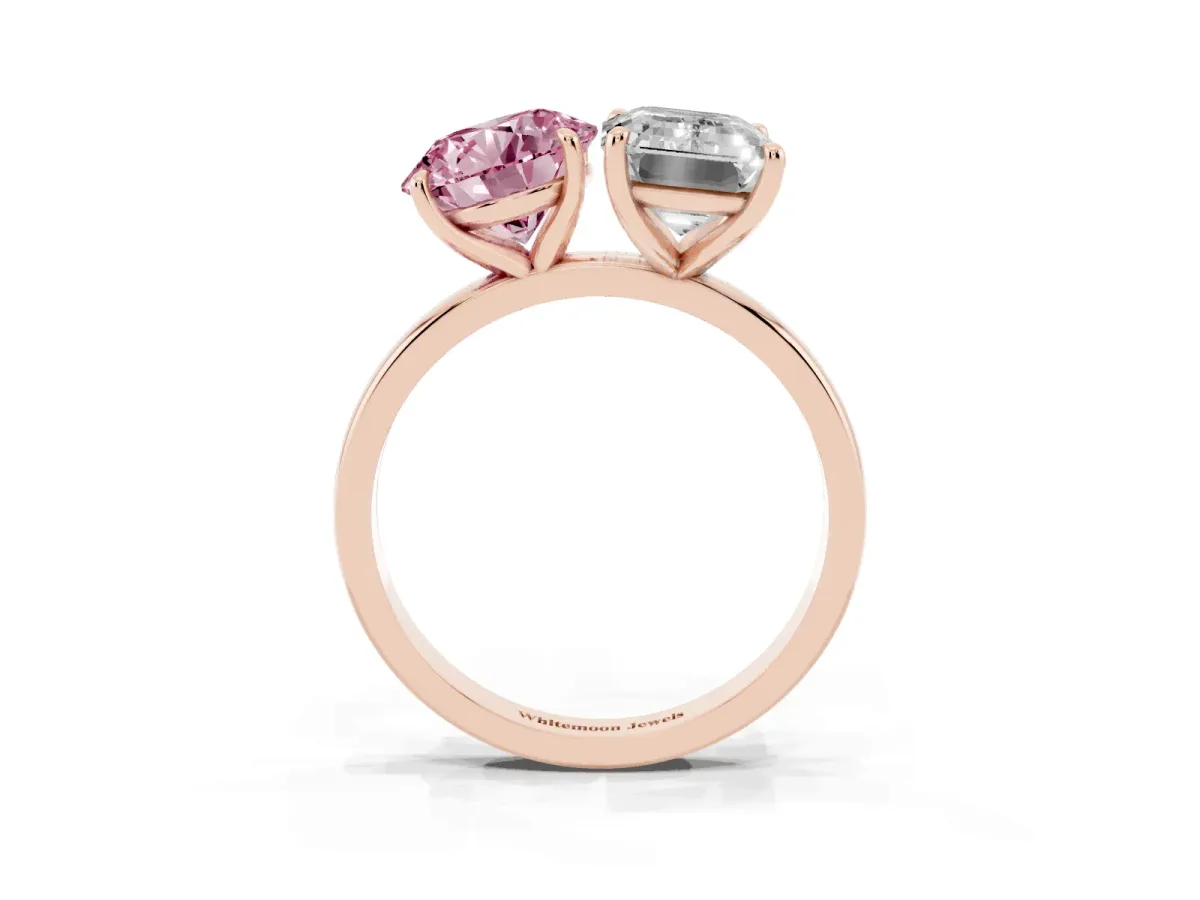 Fancy Pink Round Cut and Emerald Cut Toi Moi Ring with Prong Setting Rose gold