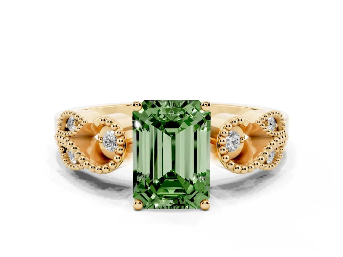 Fancy Green Emerald Cut Solitaire Milgrain Leaf Band with Prong Setting Yellow gold