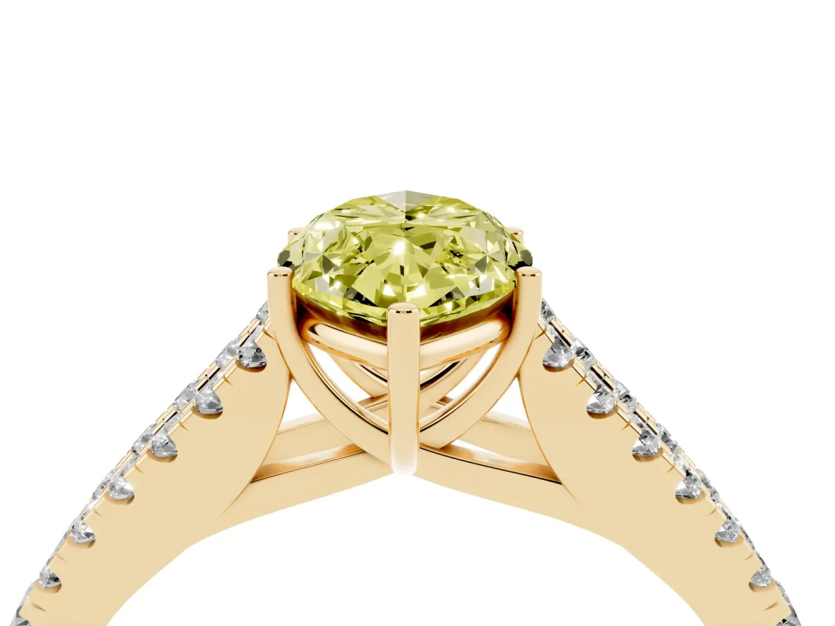 Fancy Yellow Marquise Cut Diamond Split Shank Engagement Ring with Round Pavé and Prong Setting Yellow gold