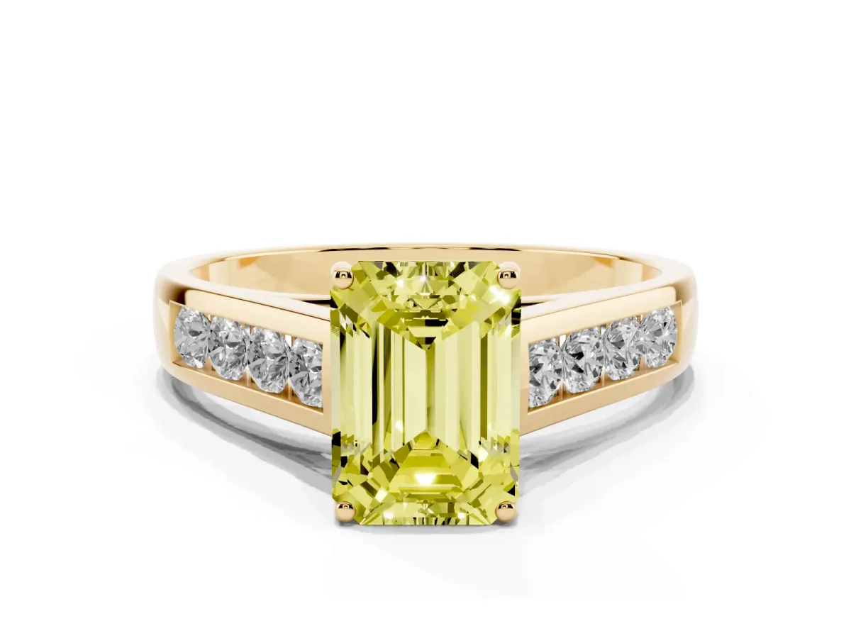 Fancy Yellow Emerald Cut Brilliant Channel-Set Solitaire Ring with Four-Prong Setting Yellow gold