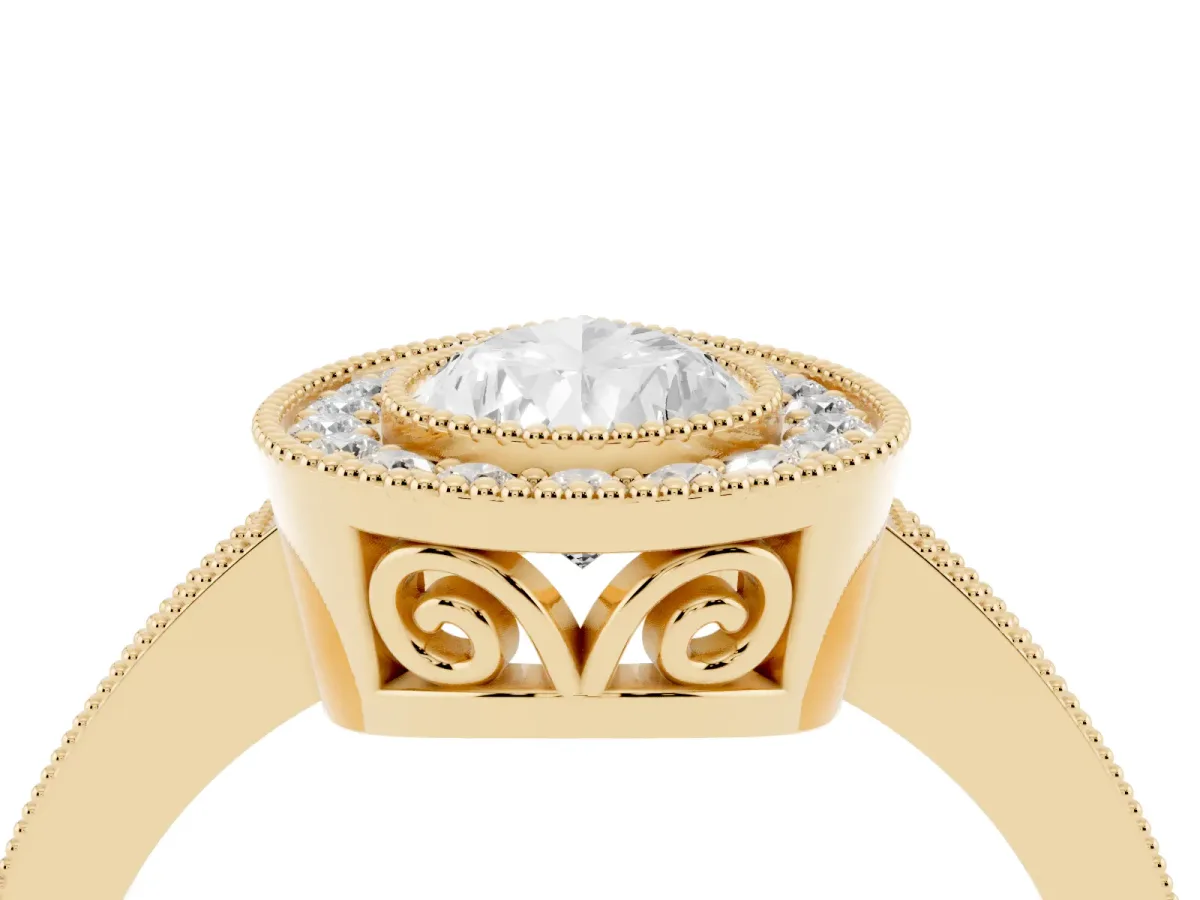 Pear Cut Cut Halo Diamond Ring with Pavé Band and Milgrain Prong Setting Yellow gold