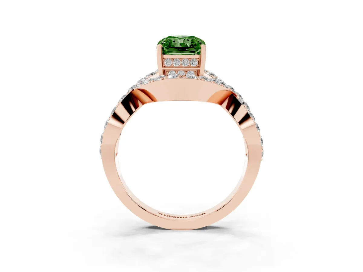 Fancy Green Radiant Cut Solitaire Twist Band Pavé Diamond Engagement Ring Rose gold