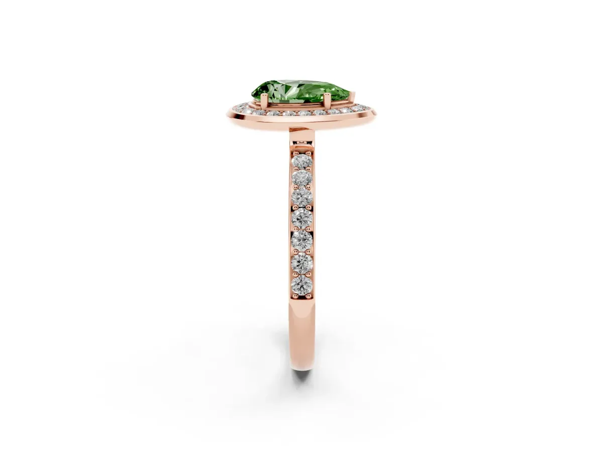 Fancy Green Pear Cut Diamond Halo Ring with Bezel Frame and Pavé Band Rose gold
