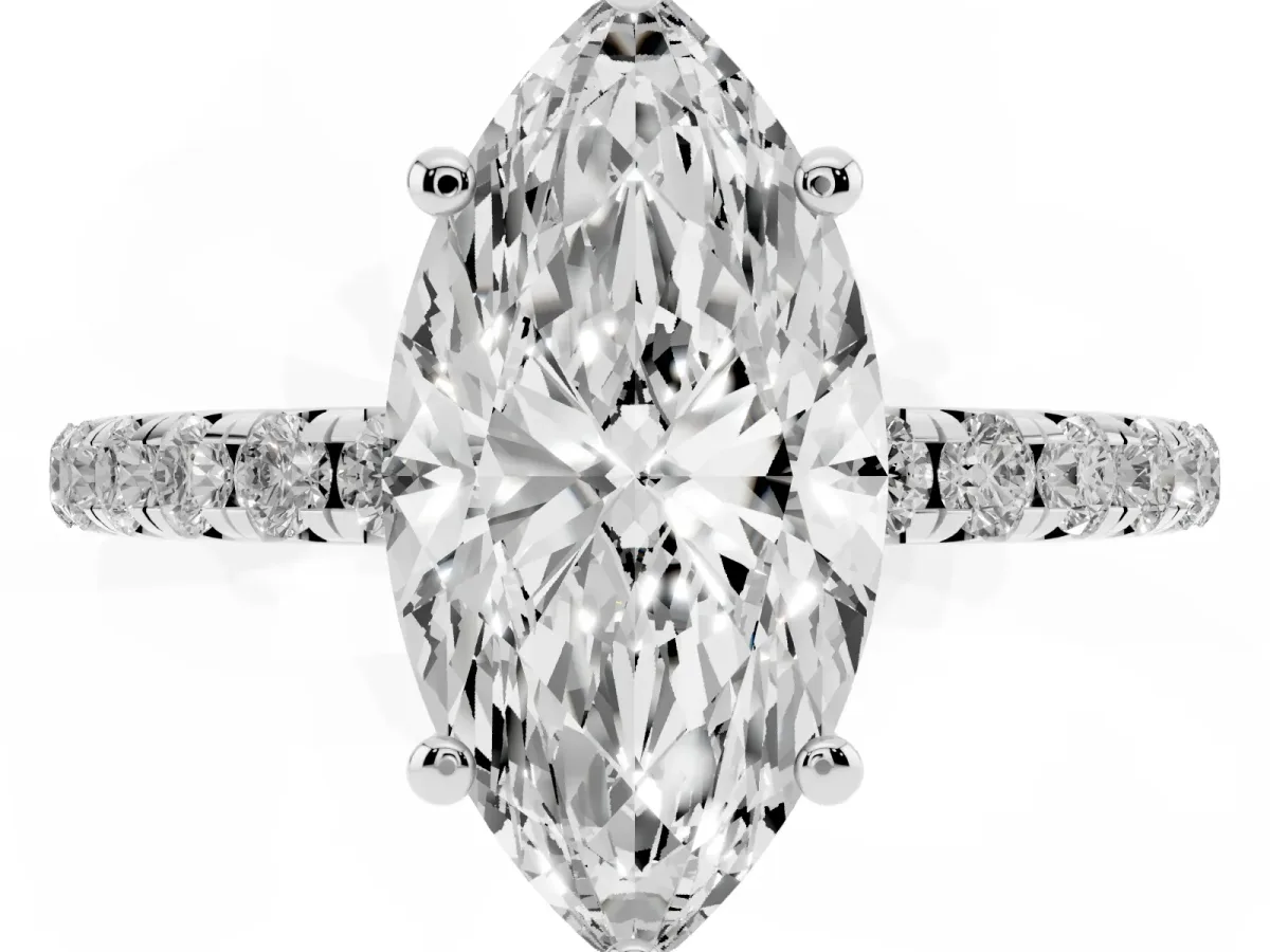Marquise Cut Cut Diamond Solitaire Ring with Micro Pave Band and Four Prong Setting Silver