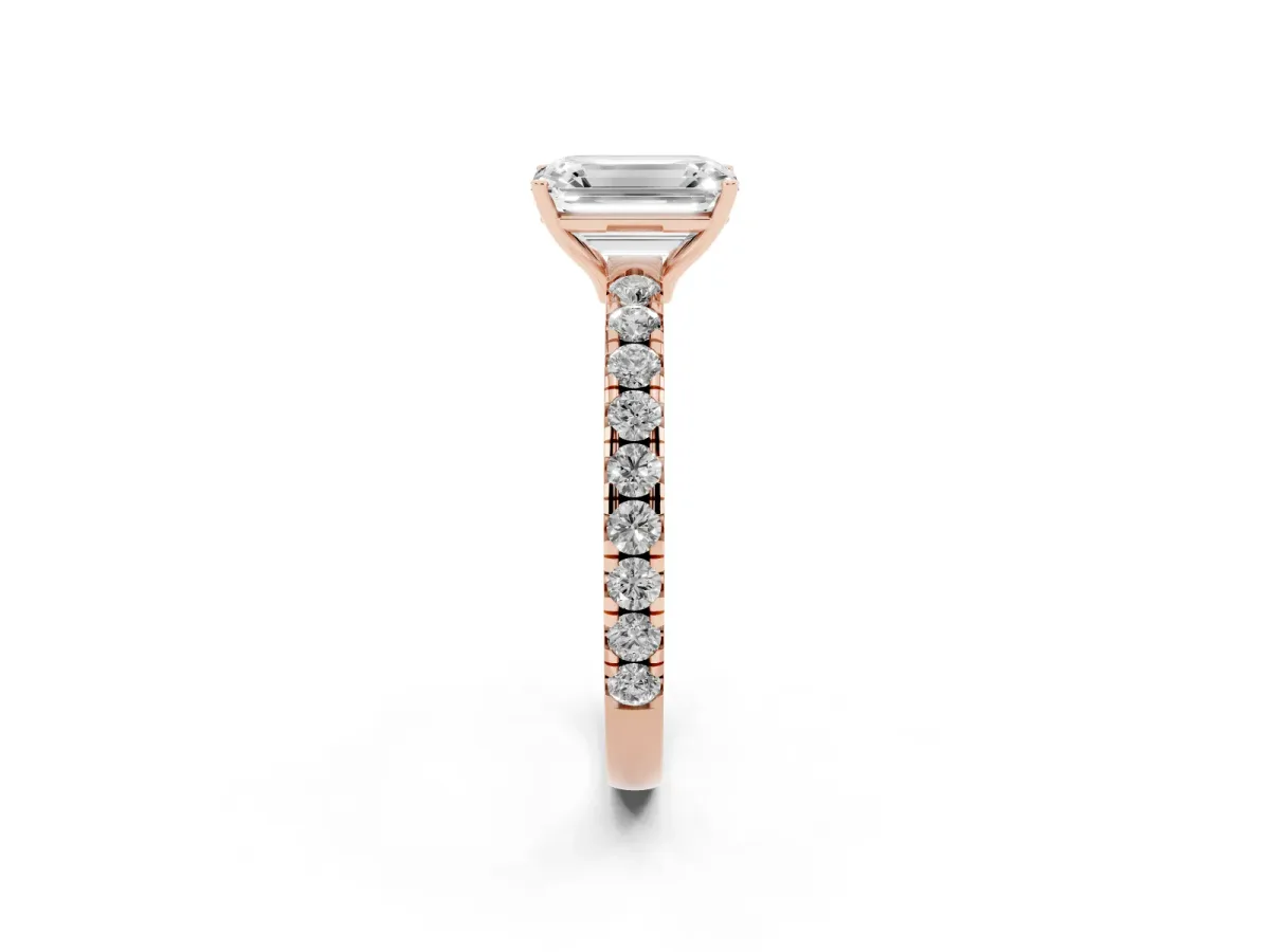 Emerald Cut Diamond Pavé Solitaire Engagement Ring with Four-Prong Setting Rose gold