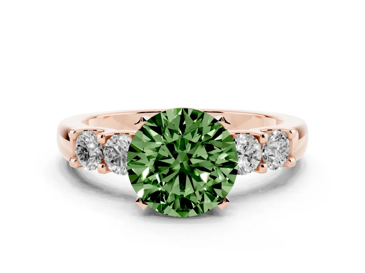 Fancy Green Round Cut Brilliant Cut Diamond Five-Stone Prong Set Engagement Ring with Channel Band Rose gold