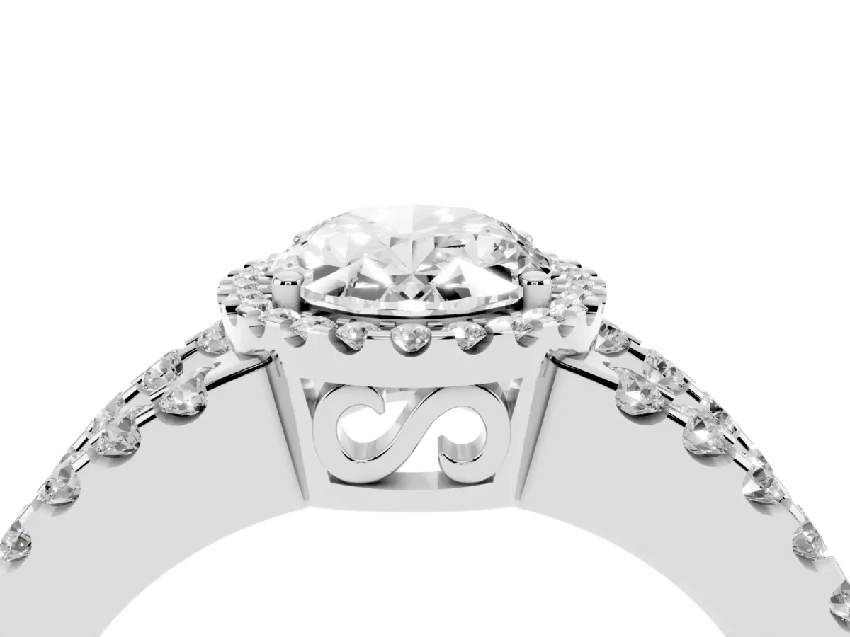 Oval Cut Cut Halo Split Shank Diamond Ring with Four-Prong Setting Silver