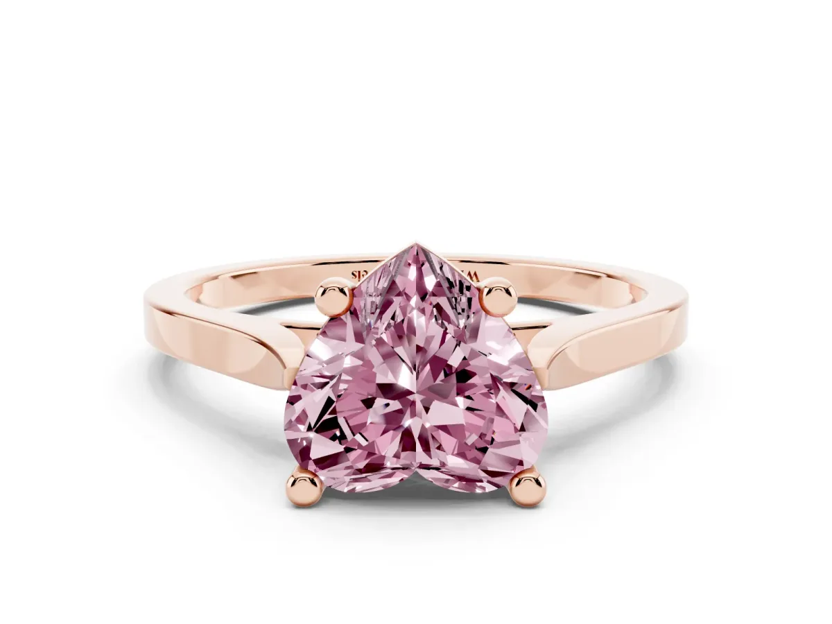 Fancy Pink Heart Cut Solitaire Diamond Ring with Four-Prong Setting and Tapered Band Rose gold