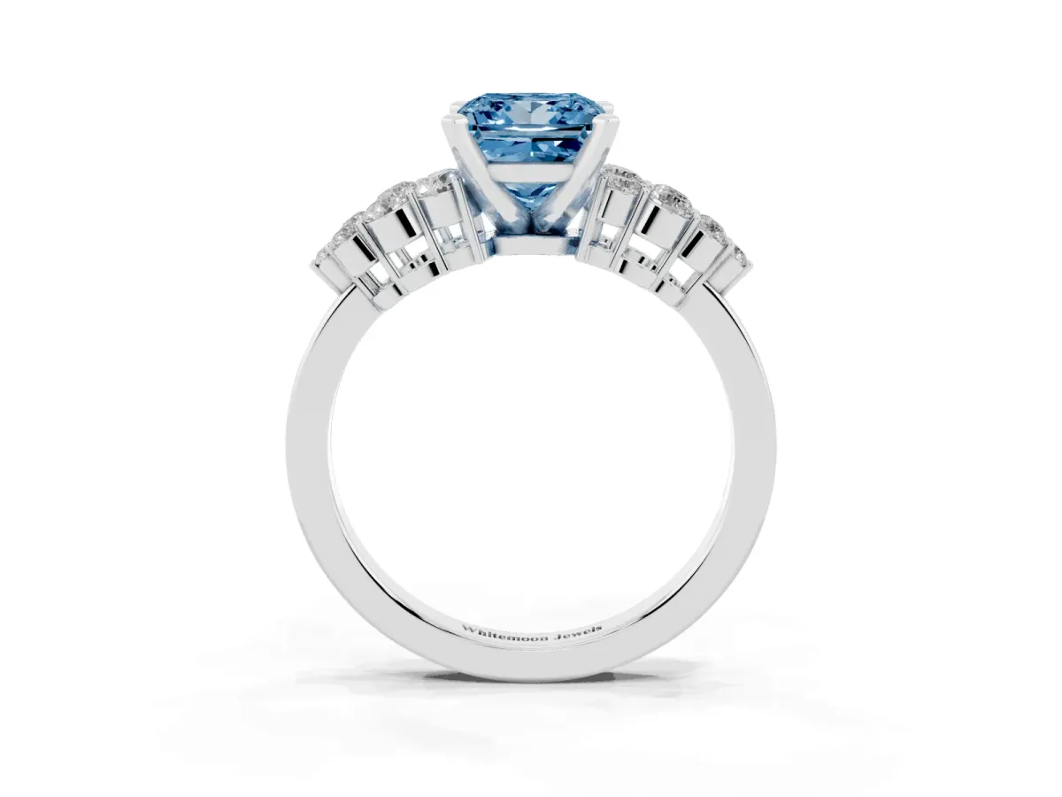 Fancy Blue Princess Cut Cluster Diamond Engagement Ring with Pavé Band and Four-Prong Setting Silver