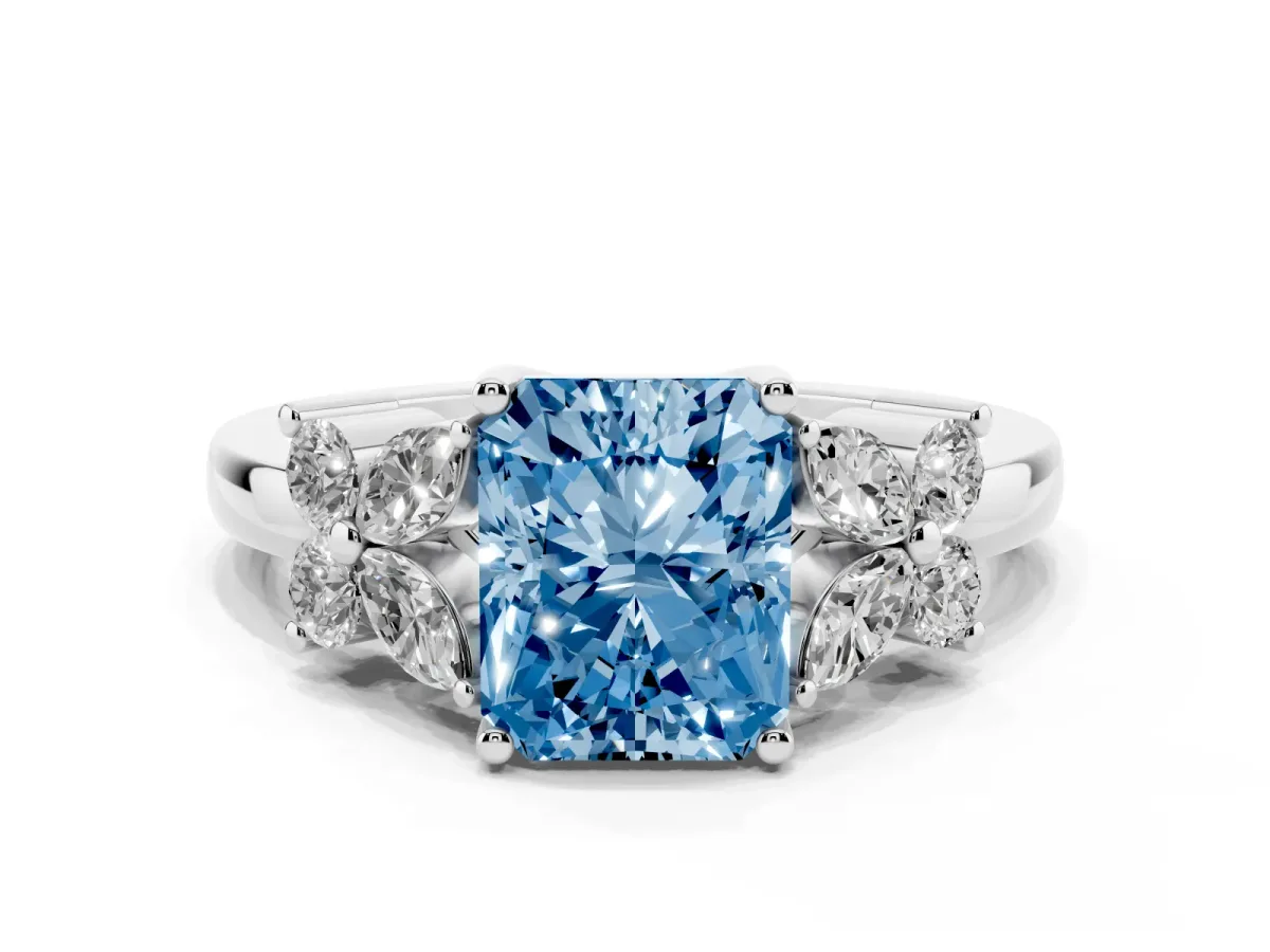 Fancy Blue Radiant Cut Diamond Floral Cluster Ring with Solitaire Band and Prong Setting White gold
