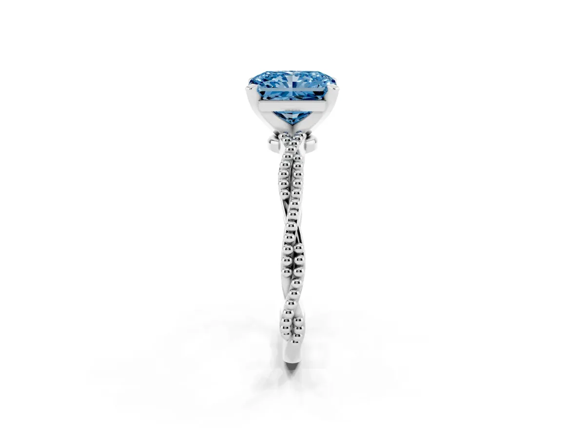 Fancy Blue Radiant Cut Solitaire Twisted Band with Bead Prong Setting Platinum