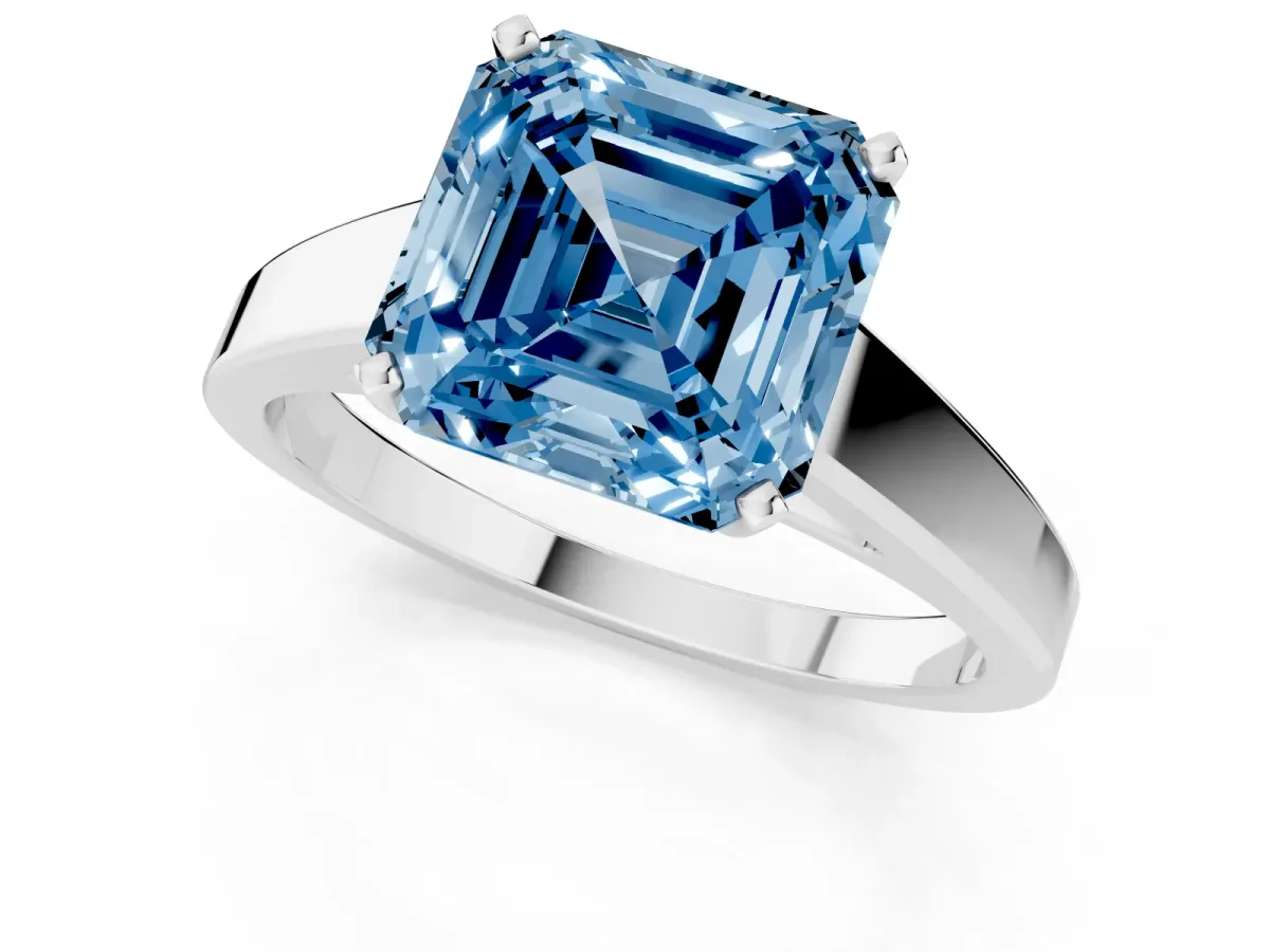 Fancy Blue Asscher Cut Solitaire Engagement Ring with Four-Prong Setting and Tapered Band Silver
