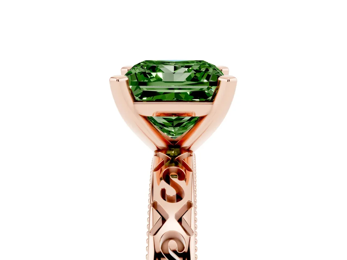 Fancy Green Princess Cut Solitaire Engagement Ring with Scrollwork Band and Four-Prong Setting Rose gold
