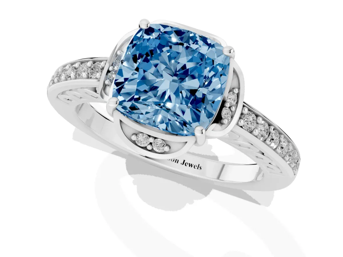Fancy Blue Cushion Cut Cut Halo Diamond Ring with Channel Set Band and Four-Prong Setting Silver
