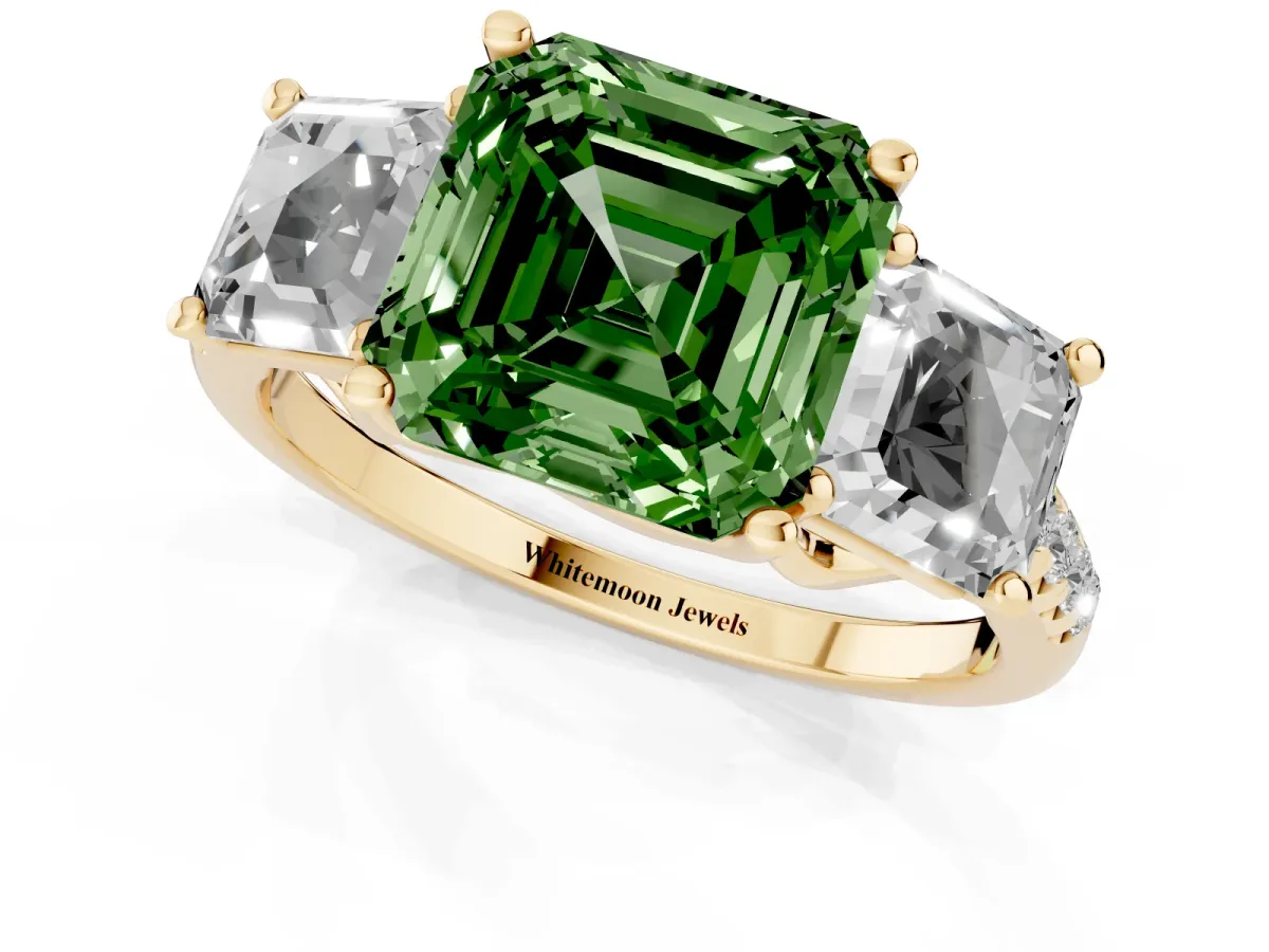 Fancy Green Three-Stone Asscher Cut Diamond Ring with Round Pavé Band and Prong Setting Yellow gold