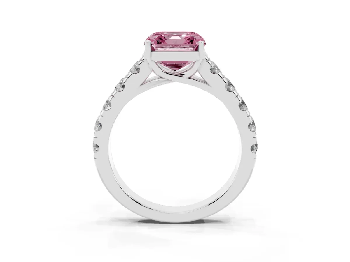 Fancy Pink Asscher Cut Cut Diamond Solitaire Ring with Micro Pave Band and Prong Setting Silver