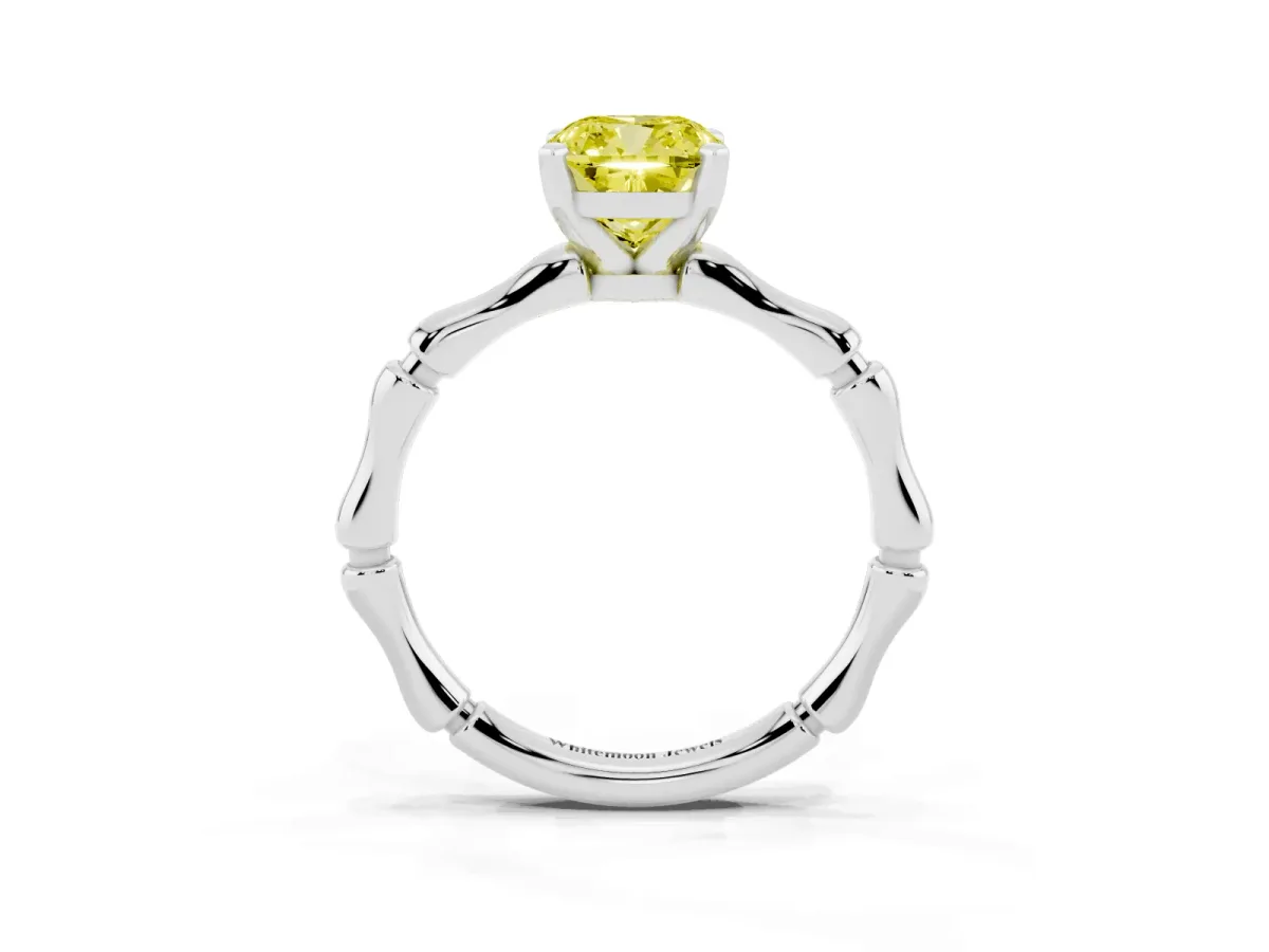 Fancy Yellow Cushion Cut Solitaire Diamond Ring with Bamboo Band and Four-Prong Setting Platinum